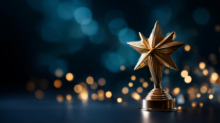 Shiny golden star trophy standing prominently faceless achievement symbol defocused dark blue surface with glittering bokeh lights background corporate recognition employee app