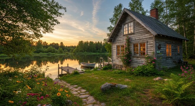Rustic wooden cabin nestled beside a calm body of water at twilight - Powered by Adobe