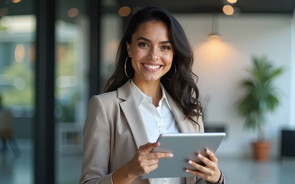 Portrait of young Hispanic professional business woman standing in office. Happy female company executive, smiling businesswoman entrepreneur corporate leader manager looking at camera using tablet