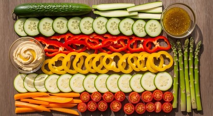 Colorful Vegetable Platter with Dips on a Wooden Table.