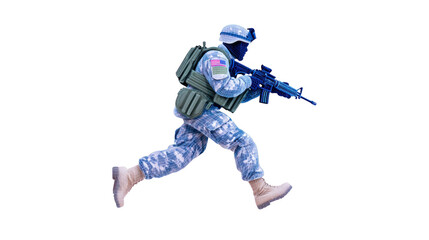 Obraz premium Soldier running with rifle wearing camouflage uniform tactical vest helmet and boots isolated on transparent background military action digital illustration dynamic movement