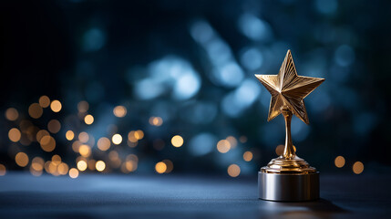 Shiny golden star trophy standing prominently faceless achievement symbol defocused dark blue surface with glittering bokeh lights background corporate recognition employee app
