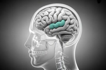 Fototapeta premium Stunning 3D medical rendering highlights the insula, a key brain region for emotion and consciousness, in a translucent human head model.
