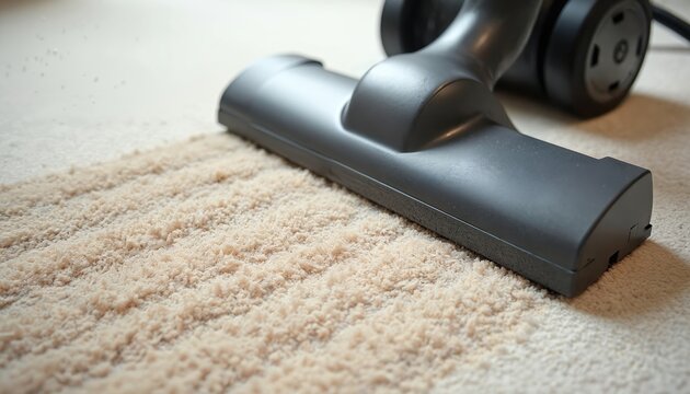 Industrial vacuum cleaner head on beige carpet performing deep cleaning action. Appliance demonstrates effective dirt removal leaving clean suction lines. Pro cleaning equipment suitable for home,