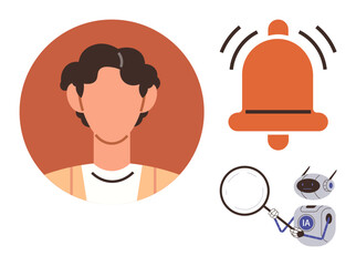 User profile, notification bell, and robot with magnifying glass analyzing data. Ideal for AI, automation, user experience, notifications, data analysis, personalization and technology as a simple