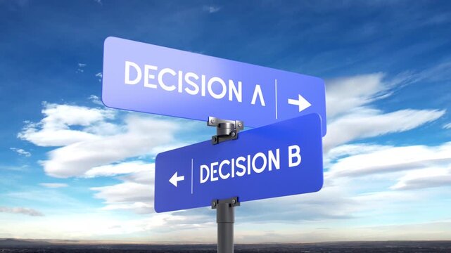 Signpost with two opposite arrows over clear blue sky, Right Decision and Wrong Decision