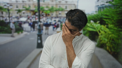 Fototapeta premium Young hispanic man covers mouth with hand while gazing downward in broad daylight on a busy city street; doubt.