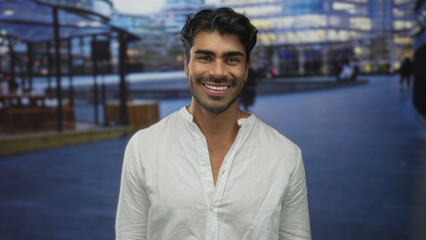 Man wearing loose white shirt smiles with eyes closed showing teeth on urban street at dusk;...