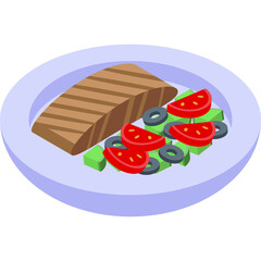 Isometric View Of A Grilled Salmon Fillet Served With Diced Cucumbers And Sliced Tomatoes And Olives On A Light Blue Plate With A Transparent Background