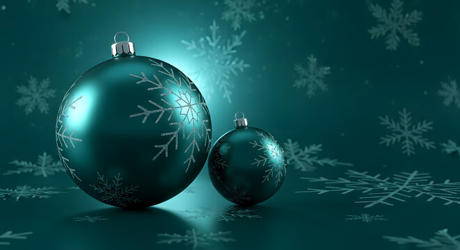 Teal Christmas baubles with snowflake pattern background