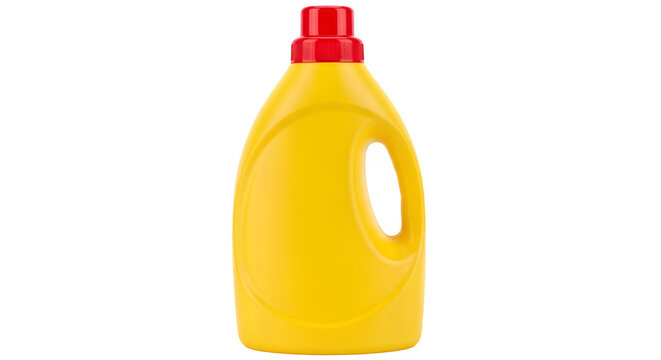 Yellow plastic laundry detergent bottle with red cap isolated on transparent background