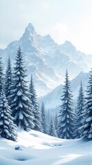 Fototapeta premium A serene winter landscape featuring snow-covered evergreen trees and majestic mountain peaks under a bright sky.