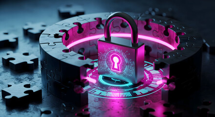 Cybersecurity padlock on digital puzzle symbolizes data protection and innovation
