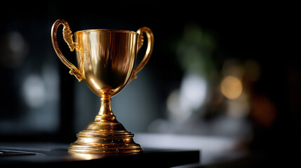 Golden trophy on black background faceless success symbol slightly defocused business competition achievement sport award ceremony concept elegant professional visualization