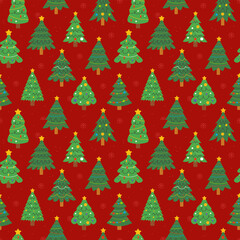 Seamless pattern with Christmas trees decorated with Christmas toys and garlands on a red background. Vector New Year and Christmas illustrations.