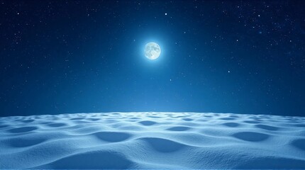 A serene full moon illuminates a vast, tranquil desert of white sand dunes under a starry night sky.