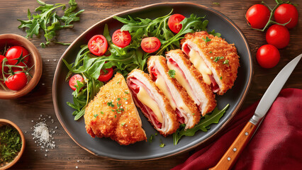 Overhead view of fictional Cordon Bleu, crispy deep-fried chicken with ham and cheese, served on a dark plate, accompanied by an arugula salad, sliced tomatoes, a knife is placed beside the platter.