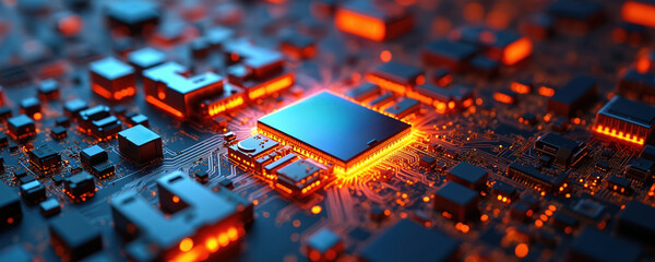 Close-up of computer microchip on circuit board. Micro atx board with glowing orange lights. Advanced technology for heat management, performance. Electronic components, wires. Modern tech innovation.