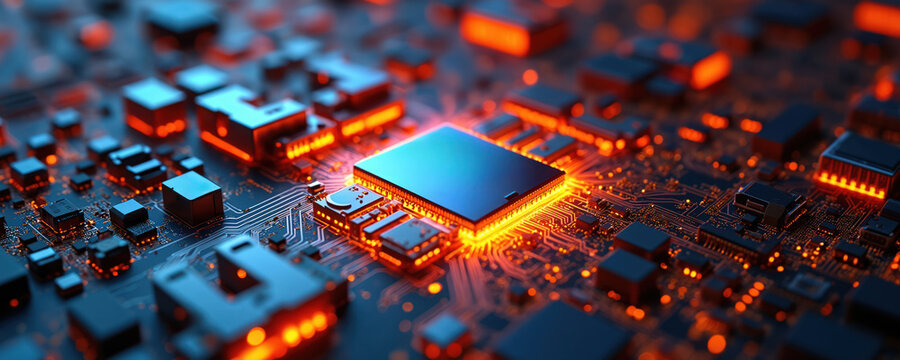 Close-up of computer microchip on circuit board. Micro atx board with glowing orange lights. Advanced technology for heat management, performance. Electronic components, wires. Modern tech innovation.