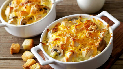 Hot baked chicken julienne with mushrooms and cheese served in small bowls, shot as a food still life.