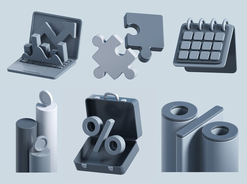 3d rendering of financial and economics icons. stylized simple 3d illustration set for business