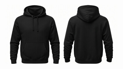 Black Hoodie Mockup Front and Back Isolated on White Background, Blank Pullover Hooded Sweatshirt Template for Design Presentation