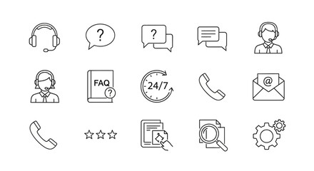 Customer Support Icons - Headset, Speech Bubbles, FAQ Book, and More.