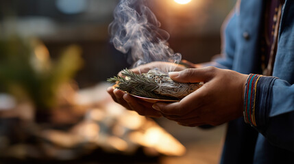 Fototapeta na wymiar Faceless shaman conducting traditional smudging ceremony defocused smoking herbs background spiritual purification ritual healing practice indigenous tradition ceremonial