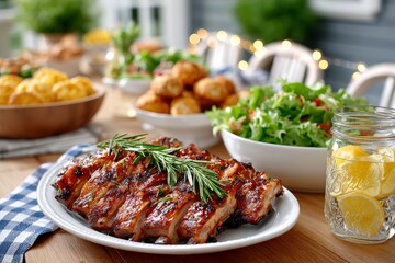 Sunlit picnic table features sliced BBQ ribs alongside fresh salads and delicious sides in a cheerful outdoor setting