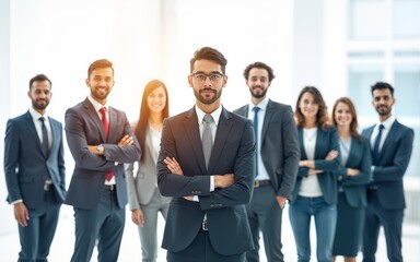 Success of business concept. Positive business. Double exposure of group of multinational businesspeople. Wide angle visual for banners or advertisements. High quality