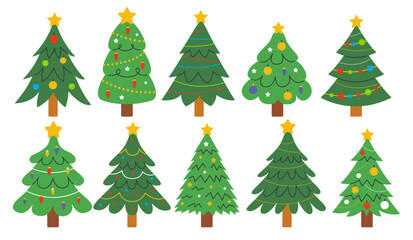 Set of Christmas trees decorated with Christmas toys and garlands in a flat cartoon style isolated on a background. Vector New Year and Christmas illustrations.