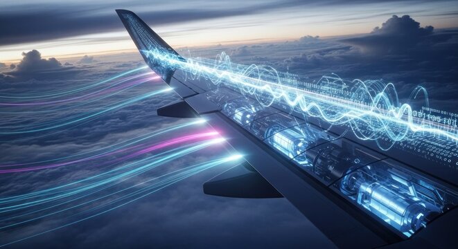 A wing of an airplane with glowing blue and pink light trails against a cloudy sky at dusk.