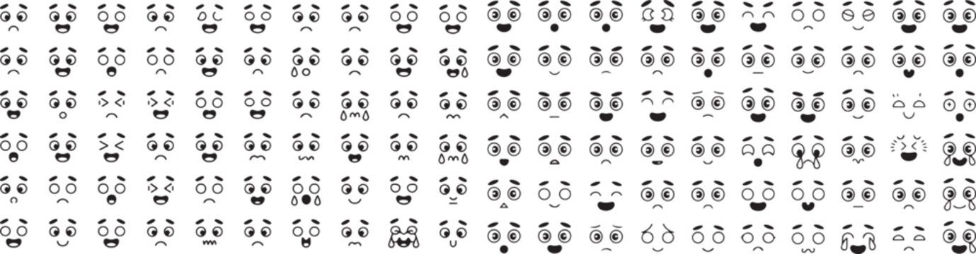 Retro 30s cartoon mascot characters funny faces. 50s, 60s old animation eyes and mouths elements. Vintage comic smile for logo vector set।.