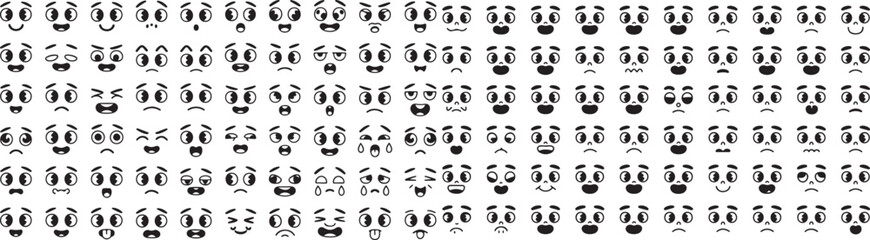 Retro 30s cartoon mascot characters funny faces. 50s, 60s old animation eyes and mouths elements. Vintage comic smile for logo vector set।.
