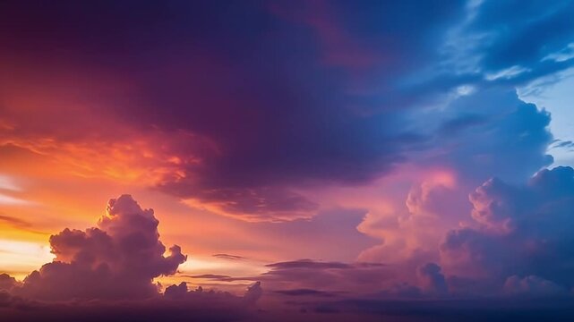 This breathtaking wide shot captures a magnificent sky at dusk or dawn, showcasing an extraordinary spectrum of natural color. Billowing clouds are illuminated with a stunning gradient, shifting seaml