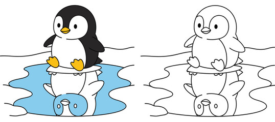 Cute Cartoon Penguin with Reflection on Ice - Arctic Wildlife and Serene Winter Scene