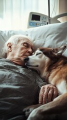Senior man cuddling with therapy dog in medical room