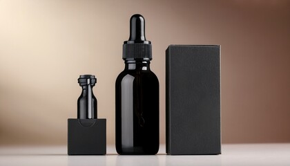 elegant black dropper bottle with box promoting high end cosmetic or health product