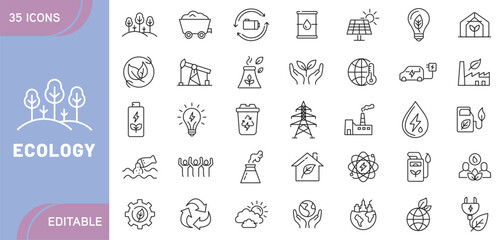Ecology Icons – Environment, Sustainability, Nature, Recycling, Conservation, Green Energy, Climate Awareness, and Eco-Friendly Symbols