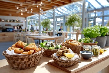 Long communal table set for dining in a local brewery beer garden during a sunny afternoon with fresh food and drinks