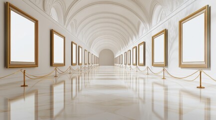 Long classical gallery corridor with empty golden picture frames