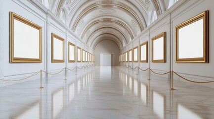 Elegant empty art gallery hall with golden frames and marble floor