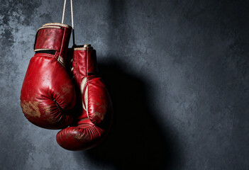 Gritty and well-worn red leather boxing gloves hanging by their string against a dark gray, textured wall background