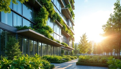 Eco building facade with plants in summer. Modern architecture with greenery. Green city living concept. Sustainable design in urban area. Eco-friendly office exterior with vertical garden. Plants