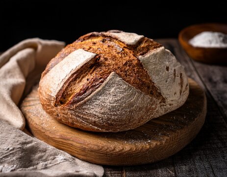 freshly baked artisan bread on a wooden board with salt - Powered by Adobe