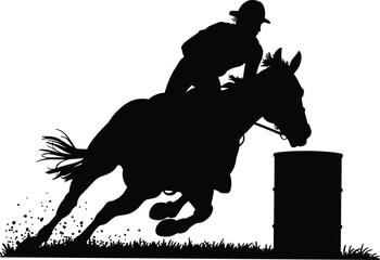 Black and white silhouette vector illustration of a western cowboy riding a horse in a barrel racing rodeo competition.