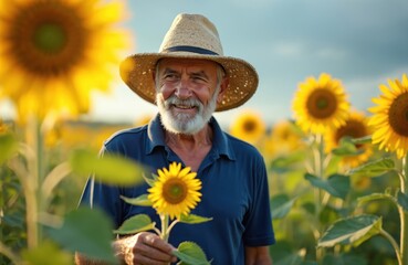 Elderly farmer in straw hat inspects sunflower crop under sunny sky. Man smiles holding plant stem, checks health and growth of blooming yellow flowers in field. Agriculture concept.