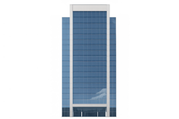Modern corporate skyscraper building with blue glass facade, reflecting clouds, on transparent background