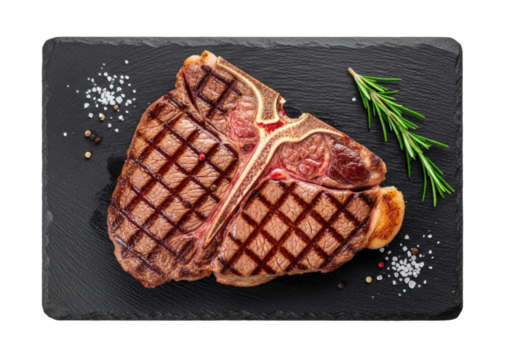 Grilled t bone steak on a slate board with rosemary and salt transparent background cutout png