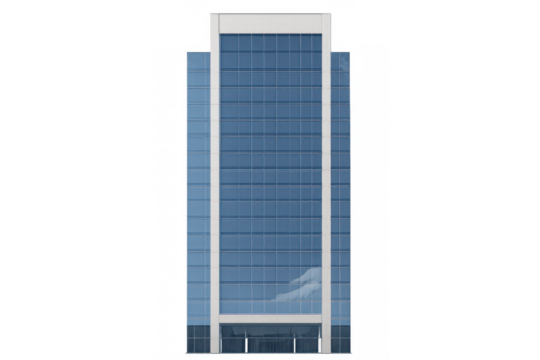 Modern corporate skyscraper building with blue glass facade, reflecting clouds, on transparent background
